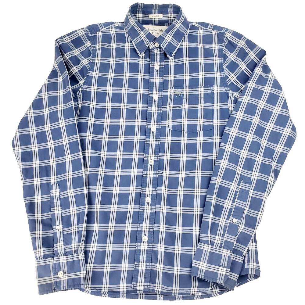 Abercrombie & Fitch Polo Shirt Men's M Blue/White Plaid Long Sleeve Logo Muscle